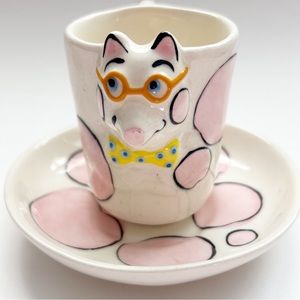 Vintage Tom Hatton Artist Signed Whimsical Smiling Pig Espresso Cup Saucer EPC